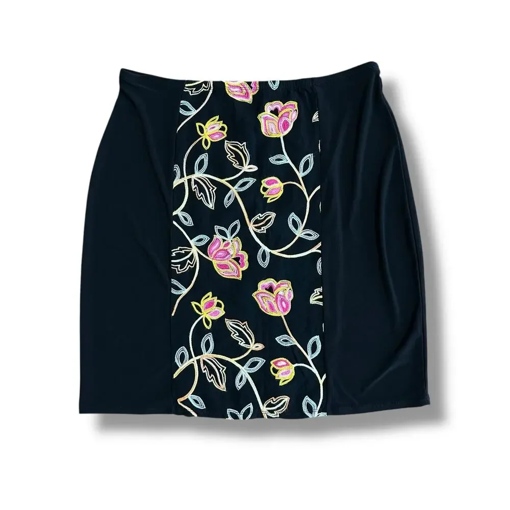Passports black boho floral embroidery skirt L elastic waist artsy‎ mini
